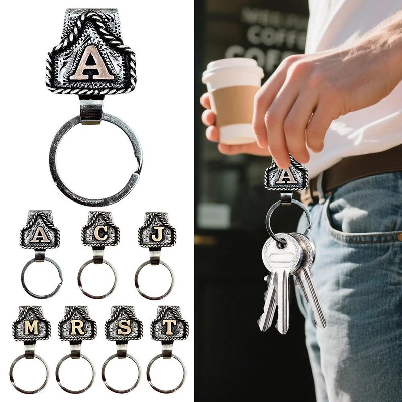 Western Cow Tag Key Holder - Vintage Metal Initial Keychain with Belt Clip, Rustic Cowboy Keychain for Belt or Pocket (Style T) - Image 4